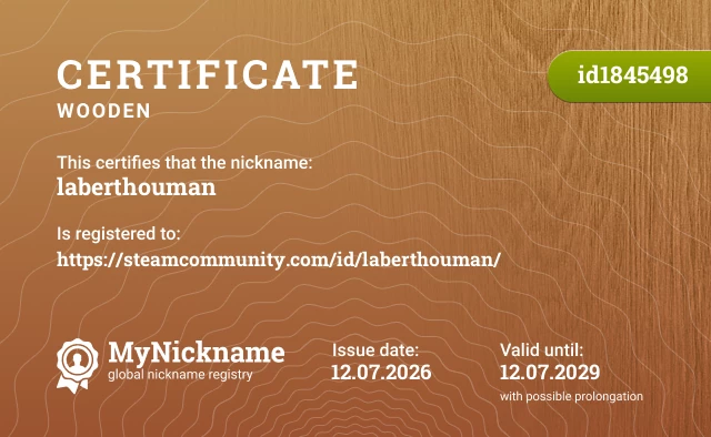 Certificate for nickname laberthouman, registered to: https://steamcommunity.com/id/laberthouman/