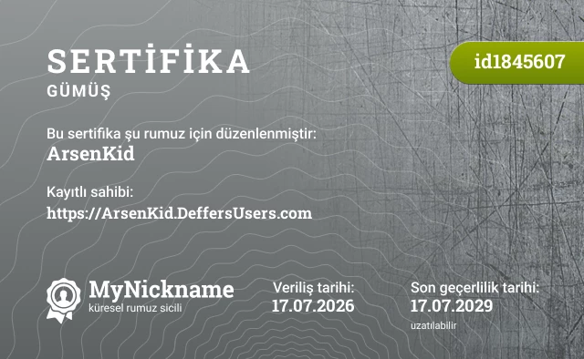 ArsenKid rumuzu için sertifika, kayıtlı sahibi: https://ArsenKid.DeffersUsers.com