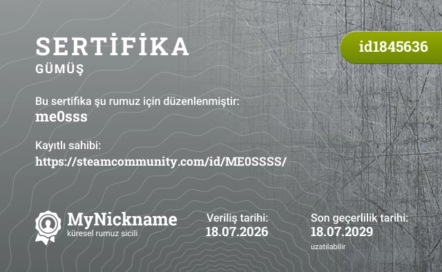 me0sss rumuzu için sertifika, kayıtlı sahibi: https://steamcommunity.com/id/ME0SSSS/