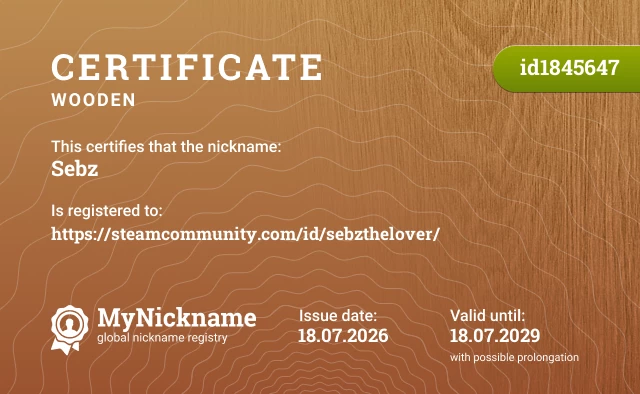 Certificate for nickname Sebz is registered to: https://steamcommunity.com/id/sebzthelover/