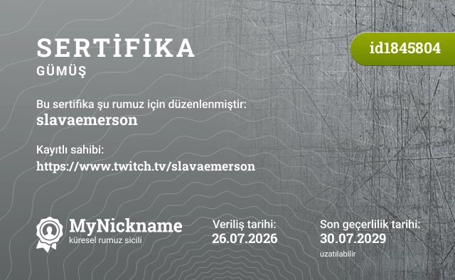 slavaemerson rumuzu için sertifika, kayıtlı sahibi: https://www.twitch.tv/slavaemerson