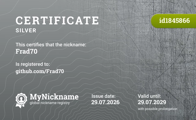 Certificate for nickname Frad70, registered to: github.com/Frad70