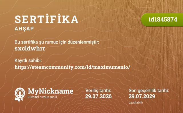 sxcldwhrr rumuzu için sertifika, kayıtlı sahibi: https://steamcommunity.com/id/maximumenio/