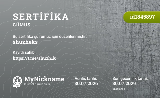 shuzheks rumuzu için sertifika, kayıtlı sahibi: https://t.me/shuzh1k