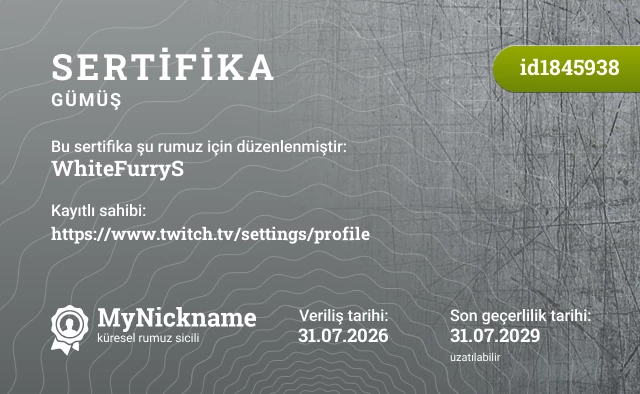WhiteFurryS rumuzu için sertifika, kayıtlı sahibi: https://www.twitch.tv/settings/profile