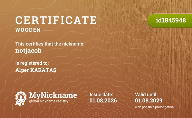 Certificate for nickname notjacob, registered to: Alper KARATAŞ