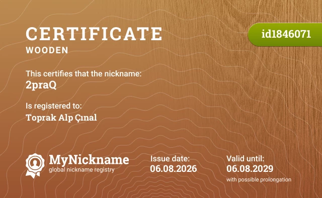 Certificate for nickname 2praQ, registered to: Toprak Alp Çınal
