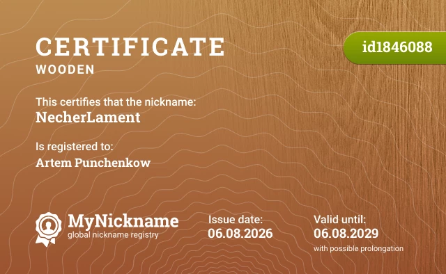 Certificate for nickname NecherLament, registered to: Artem Punchenkow