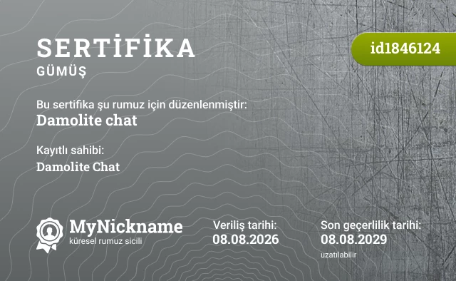 Damolite chat rumuzu için sertifika, kayıtlı sahibi: Damolite Chat