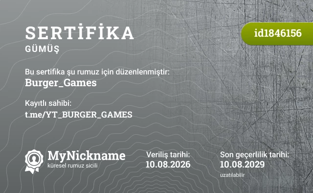 Burger_Games rumuzu için sertifika, kayıtlı sahibi: t.me/YT_BURGER_GAMES