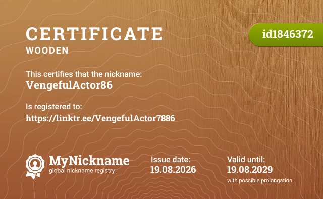 Certificate for nickname VengefulActor86 is registered to: https://linktr.ee/VengefulActor7886