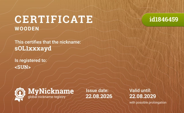 Certificate for nickname sOL1xxxayd, registered to: < sOL >