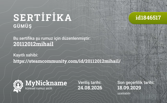 20112012mihail rumuzu için sertifika, kayıtlı sahibi: https://steamcommunity.com/id/20112012mihail/