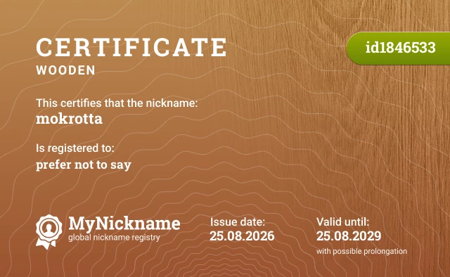 Certificate for nickname mokrotta, registered to: prefer not to say