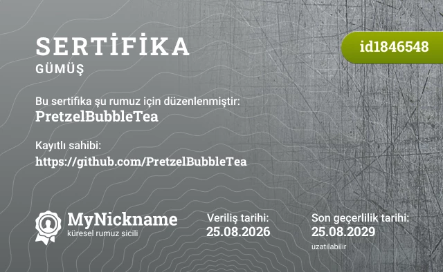 PretzelBubbleTea rumuzu için sertifika, kayıtlı sahibi: https://github.com/PretzelBubbleTea