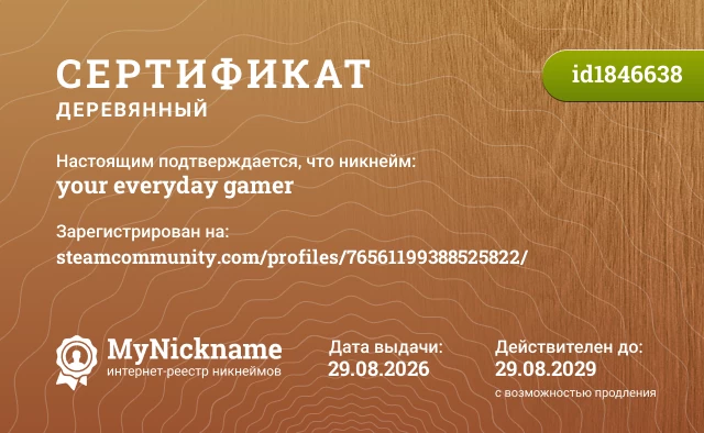 Сертификат на никнейм your everyday gamer, зарегистрирован на steamcommunity.com/profiles/76561199388525822/