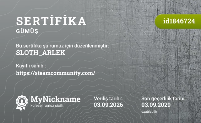 SLOTH_ARLEK rumuzu için sertifika, kayıtlı sahibi: https://steamcommunity.com/