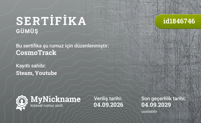 CosmoTrack rumuzu için sertifika, kayıtlı sahibi: Steam, Youtube
