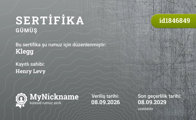 Klegg rumuzu için sertifika, kayıtlı sahibi: Henry Levy