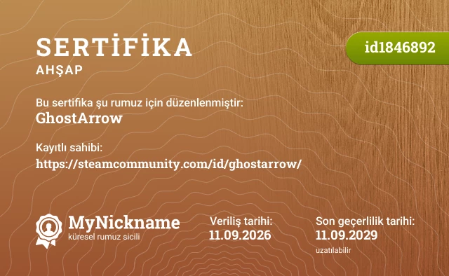 GhostArrow rumuzu için sertifika, kayıtlı sahibi: https://steamcommunity.com/id/ghostarrow/