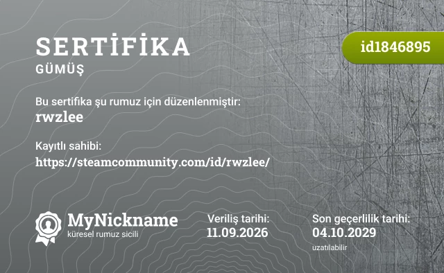 rwzlee rumuzu için sertifika, kayıtlı sahibi: https://steamcommunity.com/id/rwzlee/