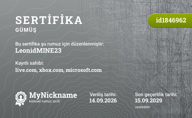 LeonidMINE23 rumuzu için sertifika, kayıtlı sahibi: live.com, xbox.com, microsoft.com