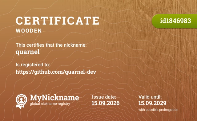 Certificate for nickname quarnel, registered to: https://github.com/quarnel-dev