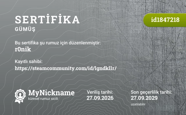 r0nik rumuzu için sertifika, kayıtlı sahibi: https://steamcommunity.com/id/lgndkllr/