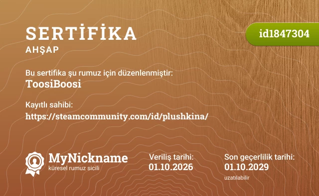 ToosiBoosi ♡ rumuzu için sertifika, kayıtlı sahibi: https://steamcommunity.com/id/plushkina/