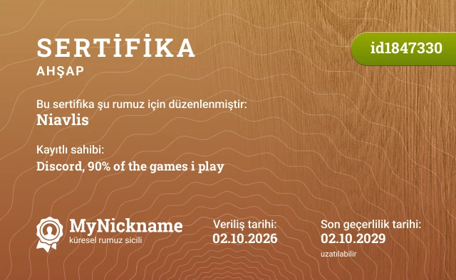 Niavlis rumuzu için sertifika, kayıtlı sahibi: Discord, 90% of the games i play
