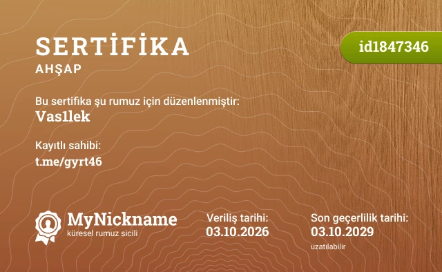 Vas1lek rumuzu için sertifika, kayıtlı sahibi: t.me/gyrt46