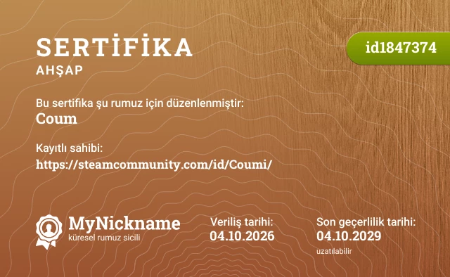 Сoum rumuzu için sertifika, kayıtlı sahibi: https://steamcommunity.com/id/Coumi/