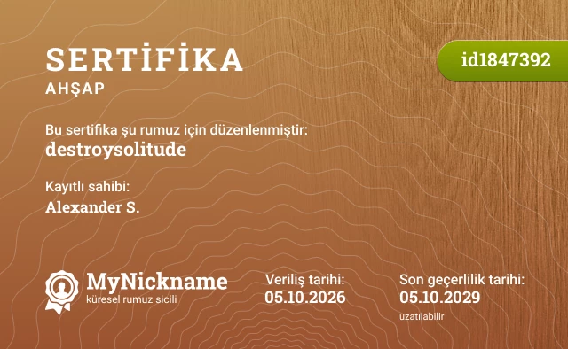destroysolitude rumuzu için sertifika, kayıtlı sahibi: Alexander S.