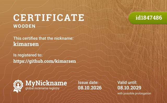 Certificate for nickname kimarsen is registered to: https://github.com/kimarsen