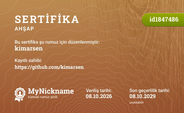 kimarsen rumuzu için sertifika, kayıtlı sahibi: https://github.com/kimarsen