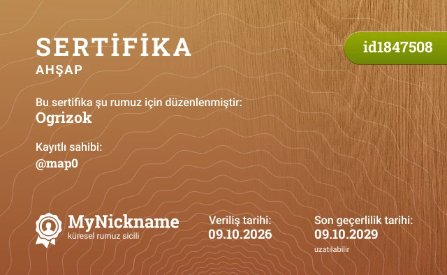 Ogrizok rumuzu için sertifika, kayıtlı sahibi: @map0