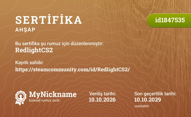 RedlightCS2 rumuzu için sertifika, kayıtlı sahibi: https://steamcommunity.com/id/RedlightCS2/