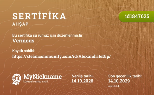 Vermous rumuzu için sertifika, kayıtlı sahibi: https://steamcommunity.com/id/AlexandriteDip/