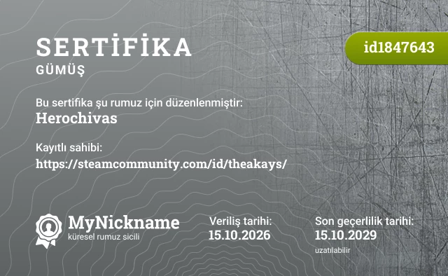 Herochivas rumuzu için sertifika, kayıtlı sahibi: https://steamcommunity.com/id/theakays/