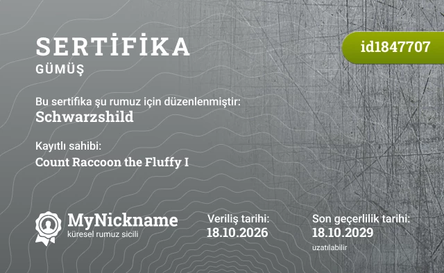 Schwarzshild rumuzu için sertifika, kayıtlı sahibi: Count Raccoon the Fluffy I