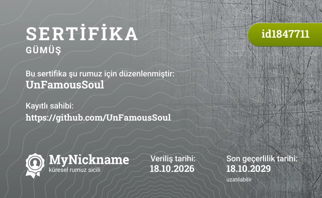 UnFamousSoul rumuzu için sertifika, kayıtlı sahibi: https://github.com/UnFamousSoul