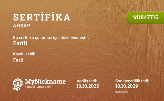 Farlli rumuzu için sertifika, kayıtlı sahibi: Farli