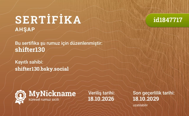 shifter130 rumuzu için sertifika, kayıtlı sahibi: shifter130.bsky.social