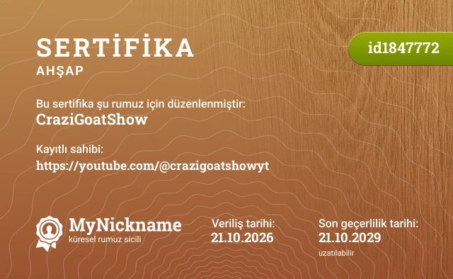 CraziGoatShow rumuzu için sertifika, kayıtlı sahibi: https://youtube.com/@crazigoatshowyt