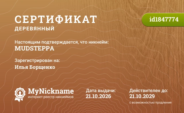 Сертификат на никнейм MUDSTEPPA, зарегистрирован на Илья Борщенко