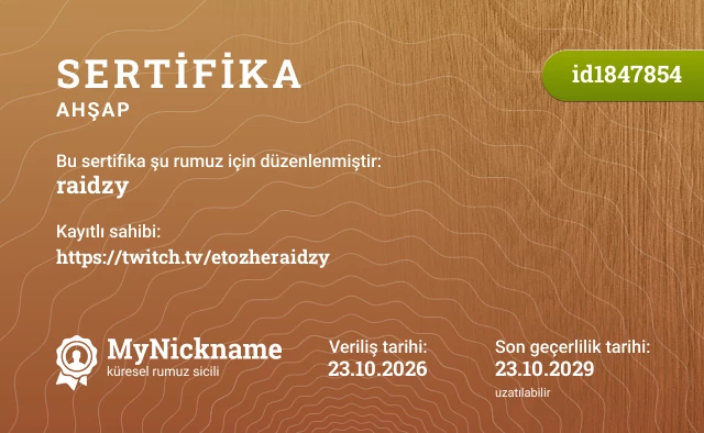 raidzy rumuzu için sertifika, kayıtlı sahibi: https://twitch.tv/etozheraidzy