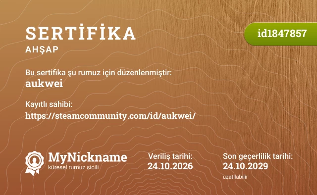 aukwei rumuzu için sertifika, kayıtlı sahibi: https://steamcommunity.com/id/aukwei/