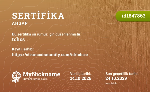 tchcs rumuzu için sertifika, kayıtlı sahibi: https://steamcommunity.com/id/tchcs/