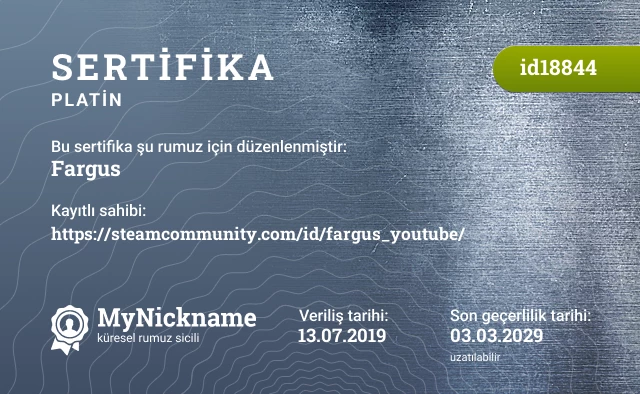 Fargus rumuzu için sertifika, kayıtlı sahibi: https://steamcommunity.com/id/fargus_youtube/