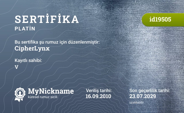 CipherLynx rumuzu için sertifika, kayıtlı sahibi: V